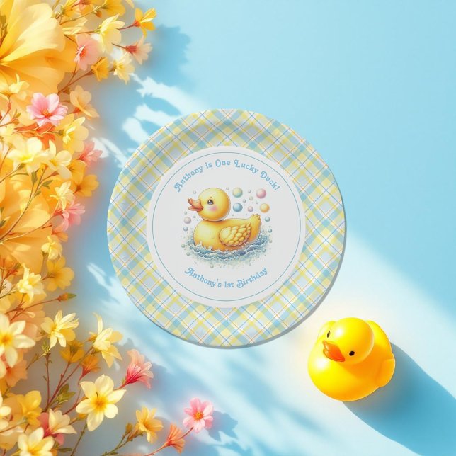Plato De Papel Partido del Primer Cumpleaños de un Pato Afortunad (One Lucky Duck First Birthday Party Paper Plates)