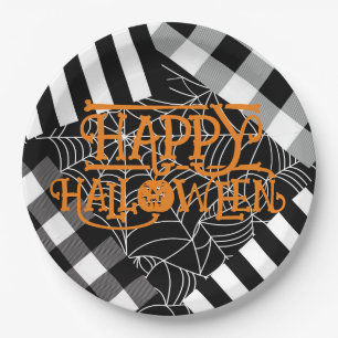 Plato De Papel Partido Halloween de Patchwork Black & White Spide