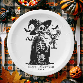 Plato De Papel Partido Halloween del Skeleton Blanco y Negro