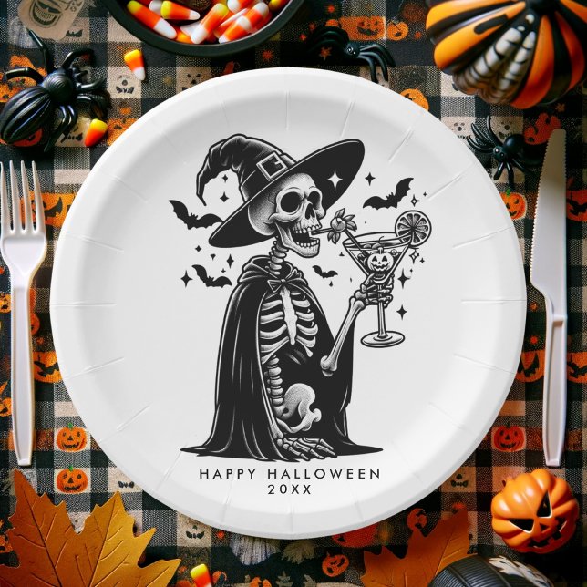 Plato De Papel Partido Halloween del Skeleton Blanco y Negro (Black and White Skeleton Halloween Party Paper Plates)