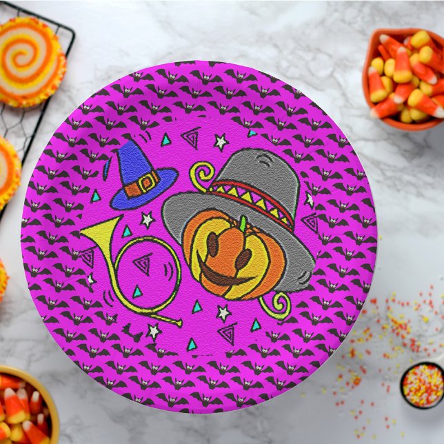 Plato De Papel Partido Halloween Jack O'Lantern Bugle bats Purple (Halloween Party Jack O'Lantern Bugle Bats Purple Paper Plates)