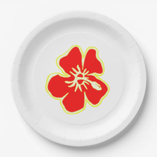 Plato De Papel Partido Luau Tropical Hawaiano Rojo Hibiscus Flowe