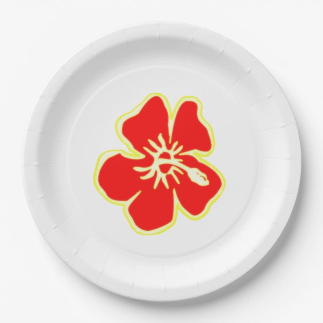Plato De Papel Partido Luau Tropical Hawaiano Rojo Hibiscus Flowe (Anverso)