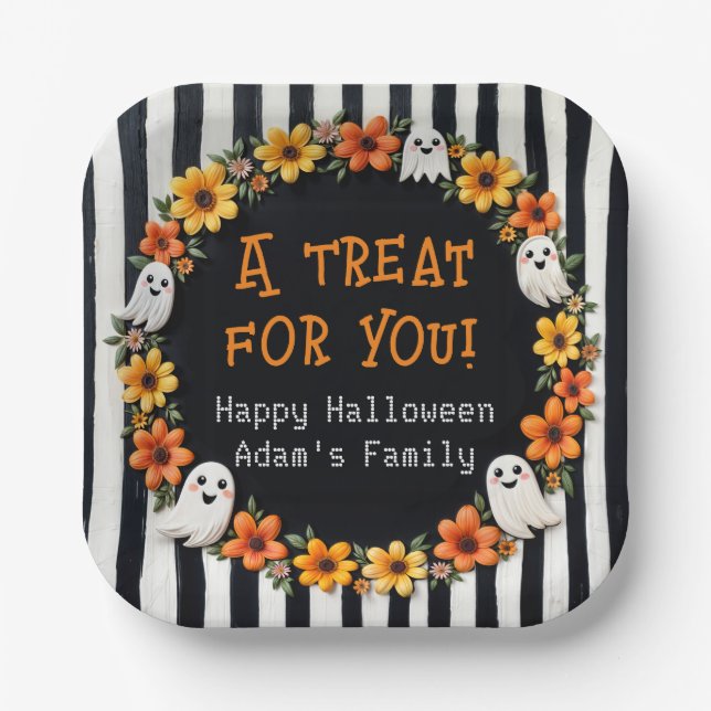 Plato De Papel Partido personalizado Ghost Halloween - 'Un trato  (Anverso)