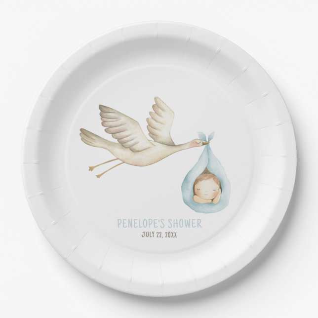 Plato De Papel Parto especial Stork Blue Baby Boy Baby Shower (Anverso)