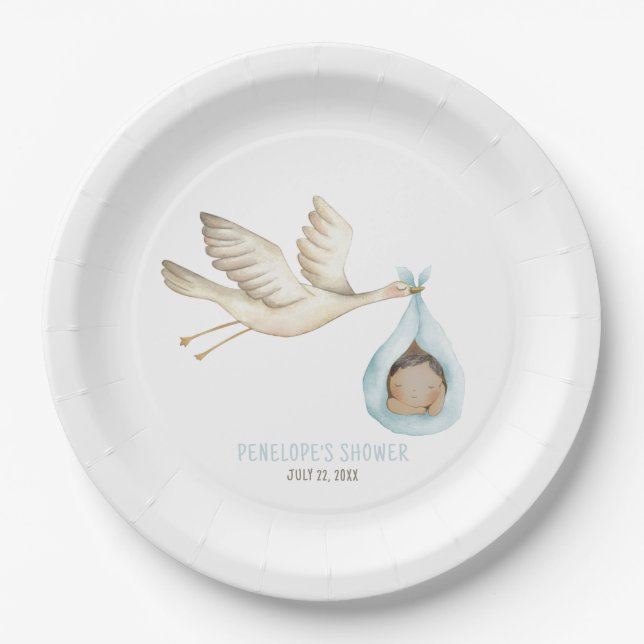 Plato De Papel Parto especial Stork Blue Baby Boy Baby Shower (Anverso)