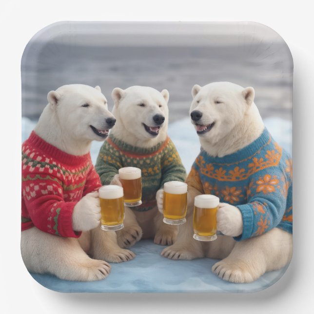 Plato De Papel Party Polar Bears Wearing Christmas Ugly Sweaters (Anverso)