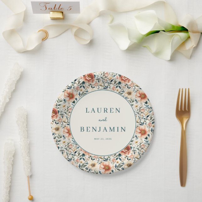 Plato De Papel Pasado Floral Romántico Pastel (Boda)
