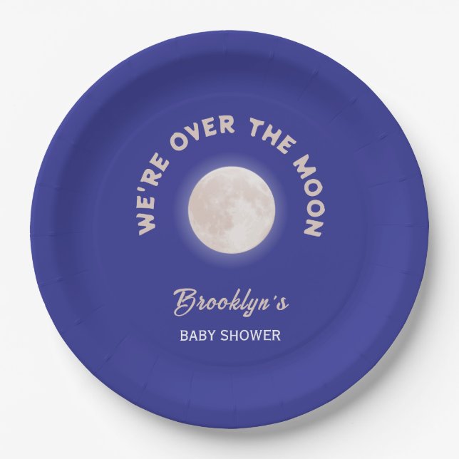 Plato De Papel Pasamos la luna Baby Shower diversión género neutr (Anverso)