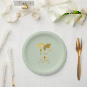 Plato De Papel Pasaporte de Boda de Destino Mundial Verde Salvia