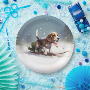 Plato De Papel Pascua de Navidad nieve invierno Beagle