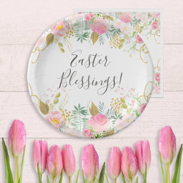 Plato De Papel Pascua floral rosa y dorada