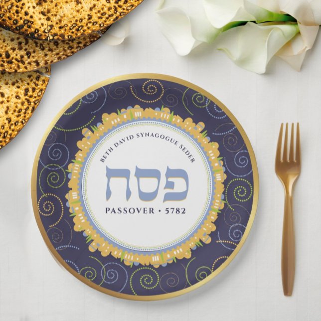 Plato De Papel Pascua marina/oro de Seder personalizado de Jerusa (Subido por el creador)
