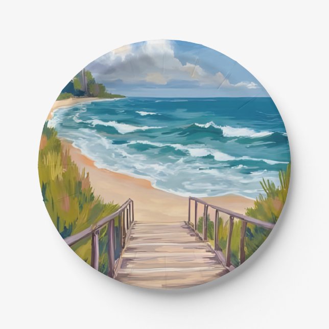 Plato De Papel Paseo marítimo | Olas de playa costeras (Anverso)