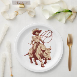 Plato De Papel Paseo Occidental Antiguo Cabalgata Orgulloso Joven