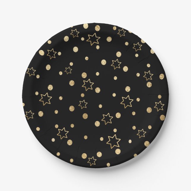 Plato De Papel Passover Black Gold Stars (Anverso)
