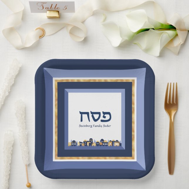 Plato De Papel Passover Seder Jerusalem Blue Gold Hebrew (Boda)