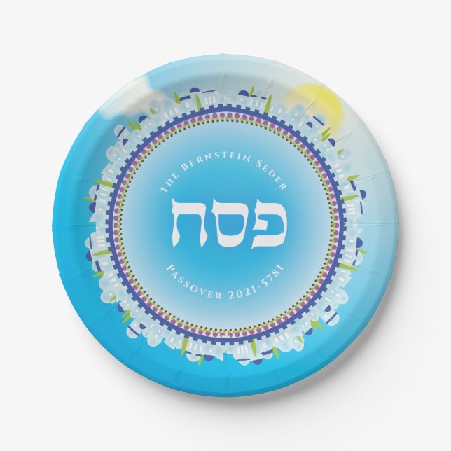 Plato De Papel Passover Seder Jerusalem Sky Hebrew (Anverso)