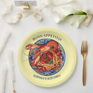 Plato De Papel Pasta de mariscos con langosta italiana, Mayólica