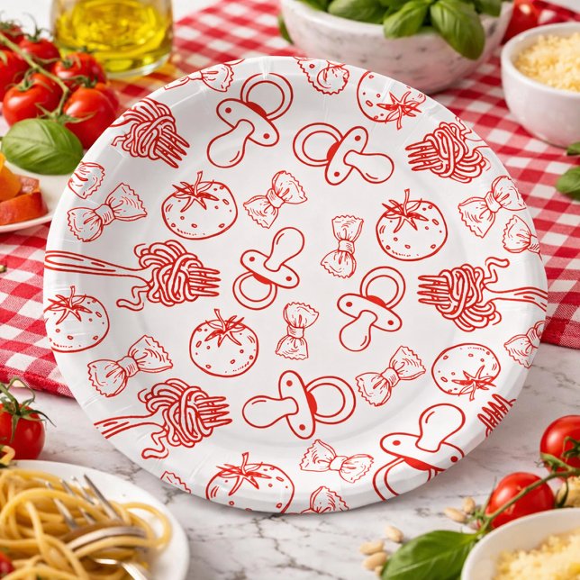 Plato De Papel Pasta & Pacifiers Hand Drawn Italian Baby Shower (Pasta & Pacifiers Hand Drawn Italian Baby Shower Paper Plates)