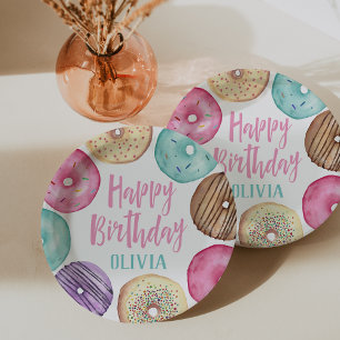 Plato De Papel Pastel acuarela Donut cumpleaños personalizado