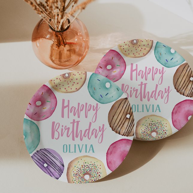 Plato De Papel Pastel acuarela Donut cumpleaños personalizado (Subido por el creador)