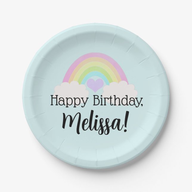 Plato De Papel Pastel acuarela Rainbow Happy Birday (Anverso)