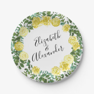 Plato De Papel Pastel amarillo claro Peony y Boda floral Rosa
