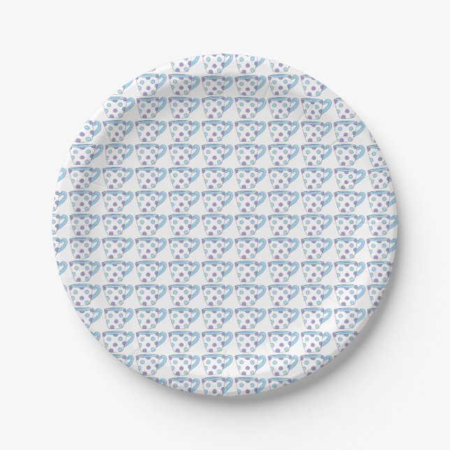 Plato De Papel Pastel azul morado Polka Dot Teacup Tea Time Fiest (Anverso)