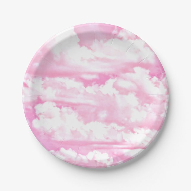 Plato De Papel Pastel Baby Pink Happy Clouds Decoración (Anverso)