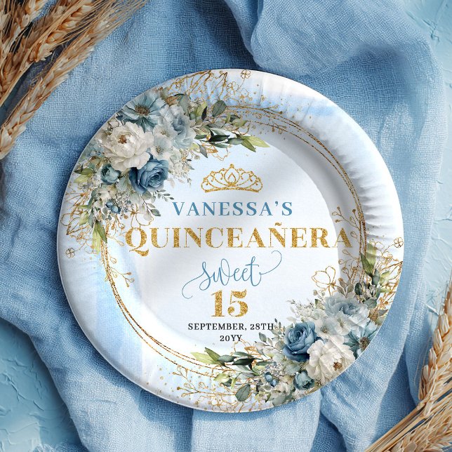 Plato De Papel Pastel Blue Boho Floral Gold Glitter Quinceañera  (Pastel Blue Boho Floral Gold Glitter Quinceañera Plates)