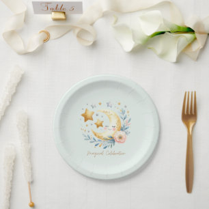 Plato De Papel Pastel Blue Cute Moon 1er cumpleaños
