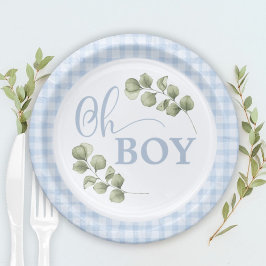 Plato De Papel Pastel Blue Gingham Baby Boy Baby Shower