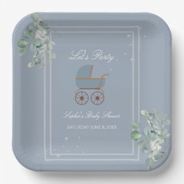 Plato De Papel Pastel Blue Stripes Baby Carriage Baby Shower