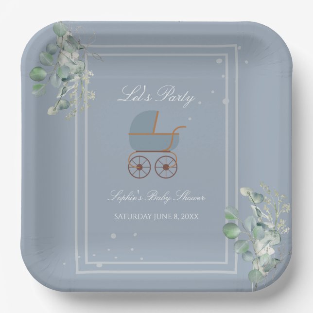 Plato De Papel Pastel Blue Stripes Baby Carriage Baby Shower (Anverso)