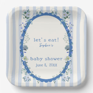 Plato De Papel Pastel Blue Stripes Garden Floral Baby Shower