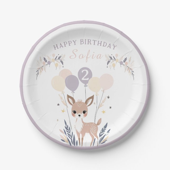 Plato De Papel Pastel Boho Fawn y los globos Cumpleaños (Anverso)