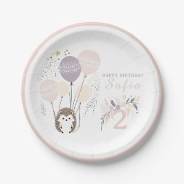 Plato De Papel Pastel Boho Hedgehog y Globos Cumpleaños