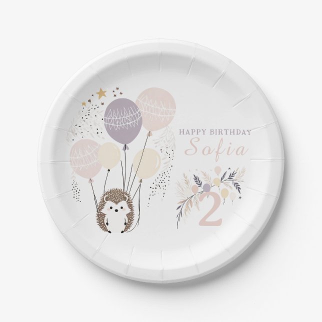 Plato De Papel Pastel Boho Hedgehog y Globos Cumpleaños (Anverso)