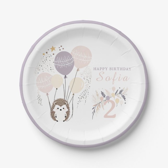 Plato De Papel Pastel Boho Hedgehog y Globos Cumpleaños (Anverso)