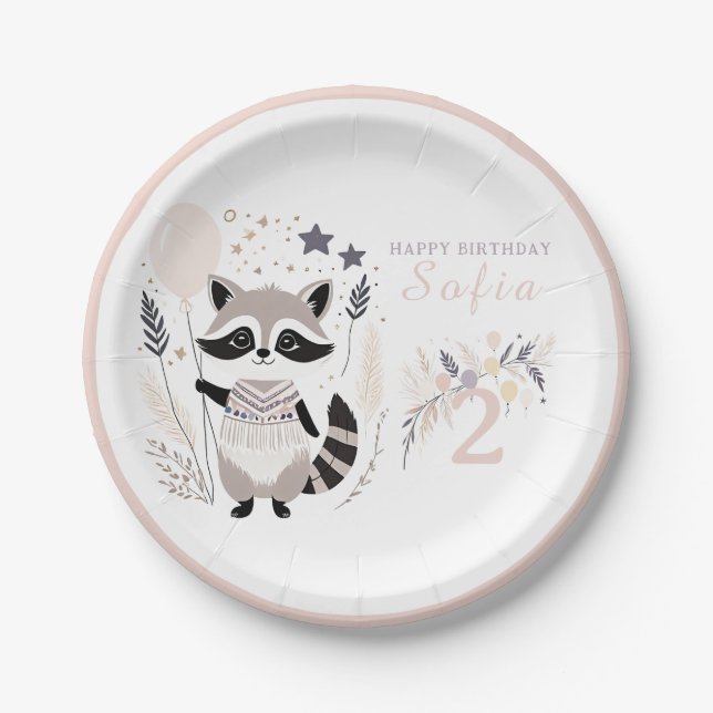 Plato De Papel Pastel Boho Raccoon y Globos Cumpleaños (Anverso)