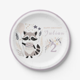Plato De Papel Pastel Boho Raccoon y Globos Cumpleaños