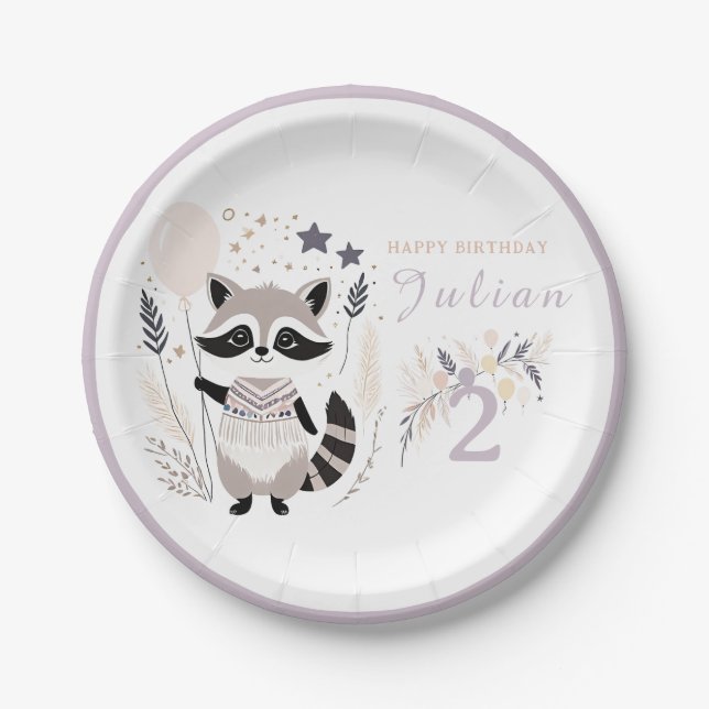 Plato De Papel Pastel Boho Raccoon y Globos Cumpleaños (Anverso)