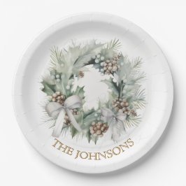 Plato De Papel Pastel Christmas Wreath & Custom Name Paper Plates