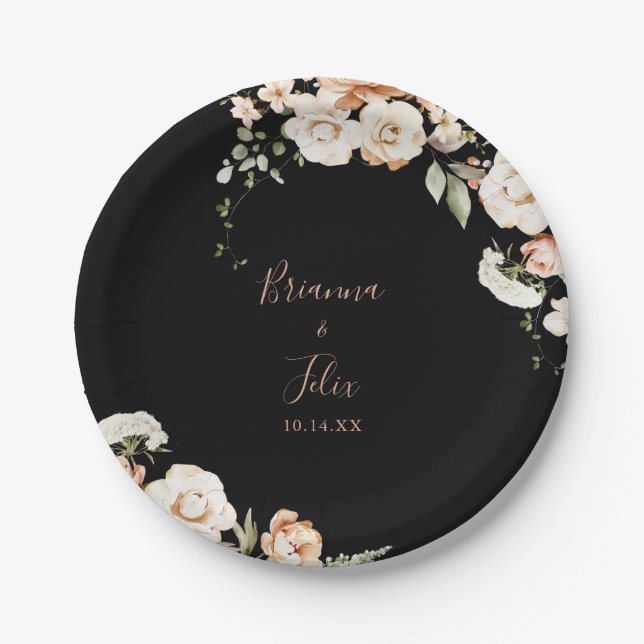 Plato De Papel Pastel de Boda floral real y formal negro (Anverso)