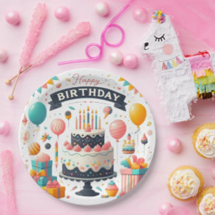 Plato De Papel Pastel de Cumpleaños Alegre con Globos