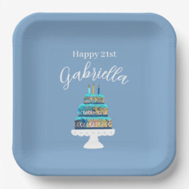 Plato De Papel Pastel de cumpleaños azul personalizado