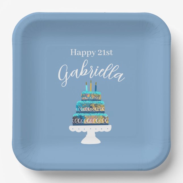 Plato De Papel Pastel de cumpleaños azul personalizado (Anverso)