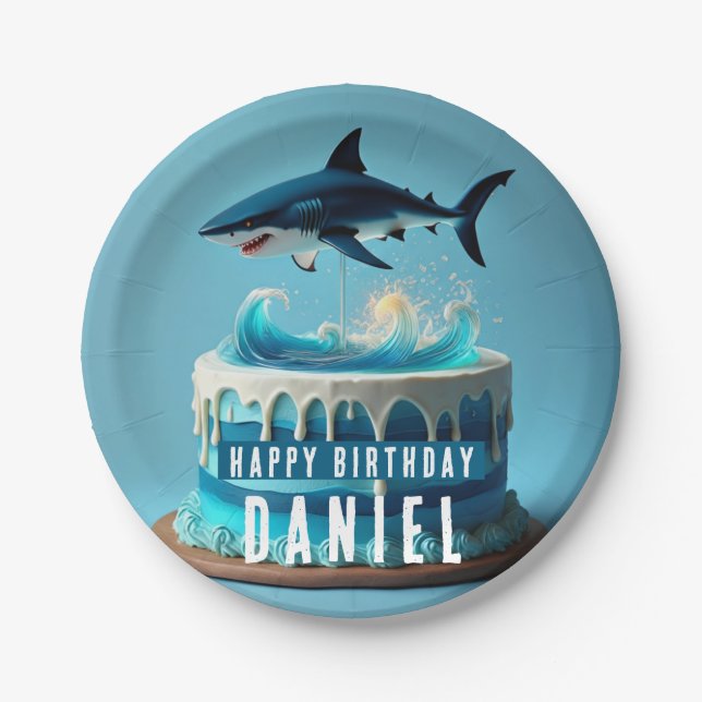 Plato De Papel Pastel de cumpleaños con tema de tiburón (Anverso)