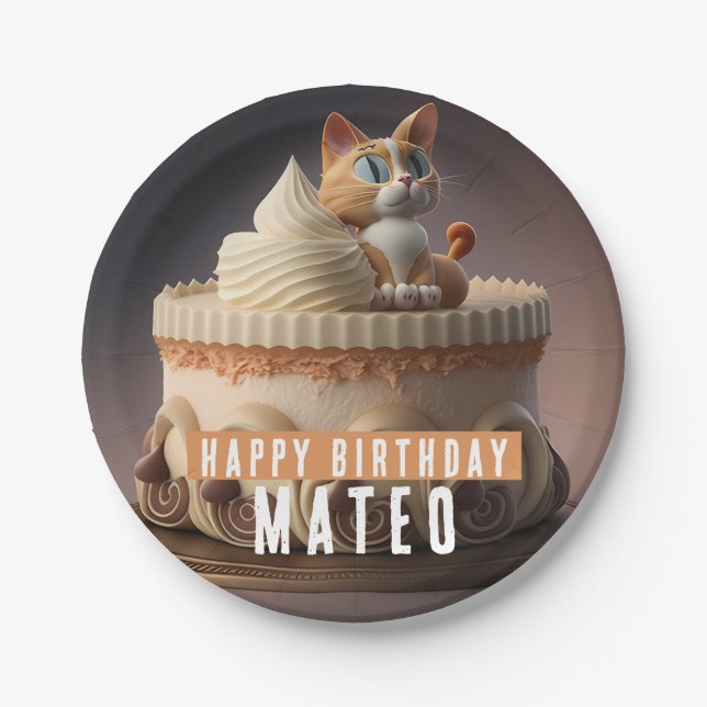 Plato De Papel Pastel de cumpleaños de gatitos - (Anverso)